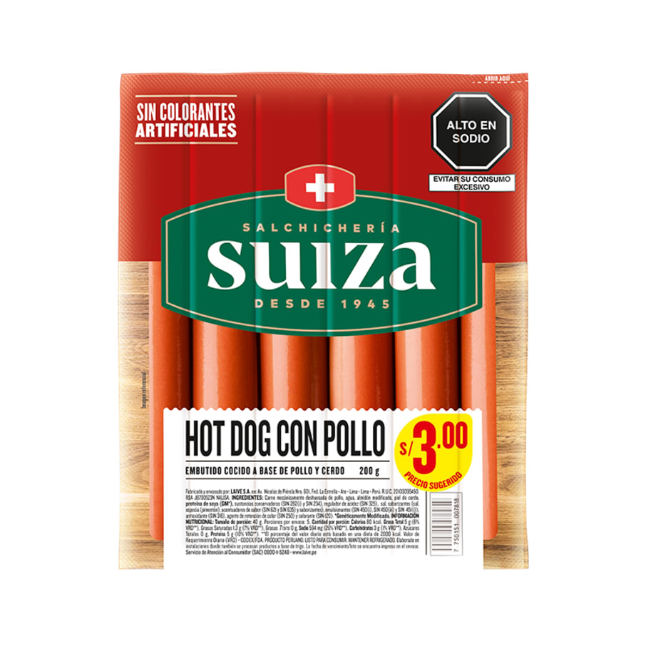 Hot dog pollo Suiza paquete 200g 