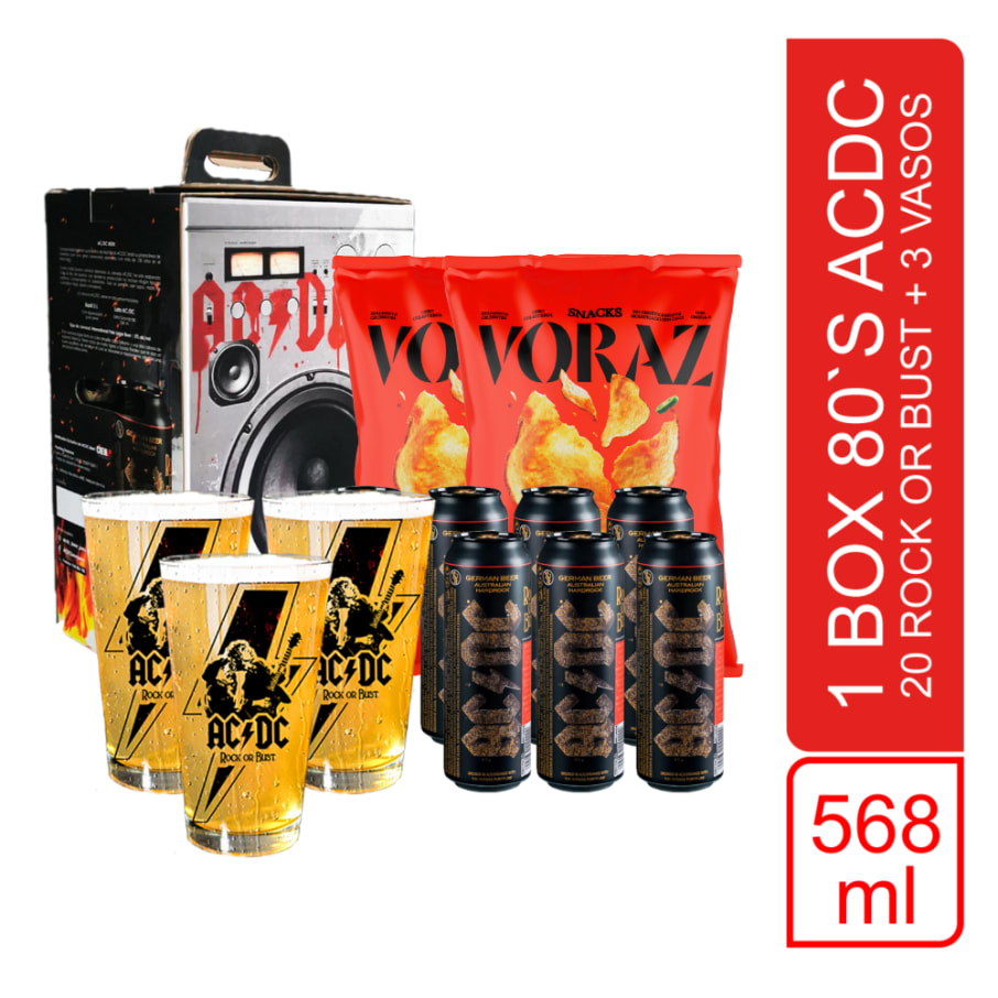 BOX ACDC 20 latas Rock or Bust 568 ml + 03 vasos + 02 papa VORAZ