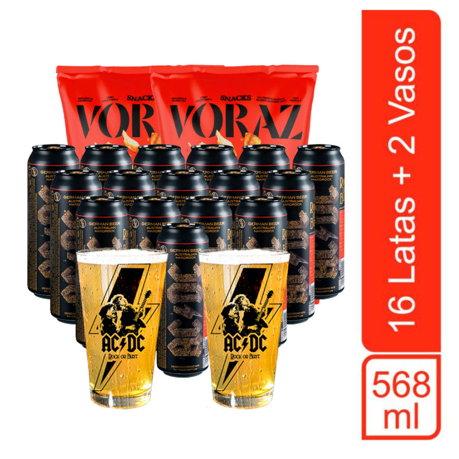 Pack 16 Cervezas ACDC Pale Lager 568ml + 02 Vasos + 02 papas VORAZ