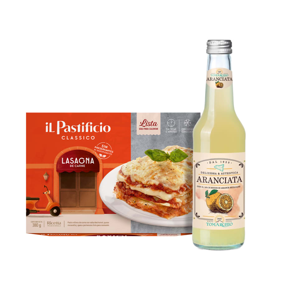 comida lista lasagna de carne x 380g y tomarchio aranciata x 275 ml