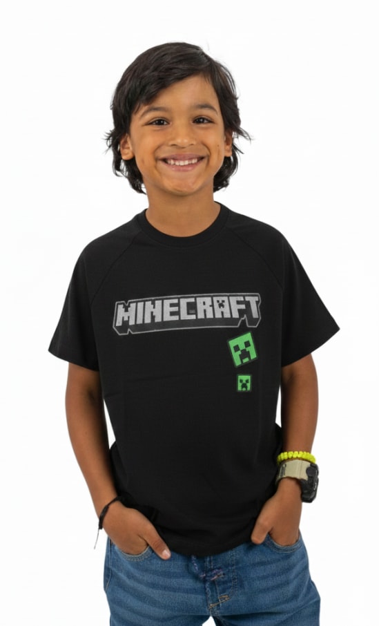 POLO MANGA CORTA NIÑO MINECRAFT NEGRO ALGODÓN