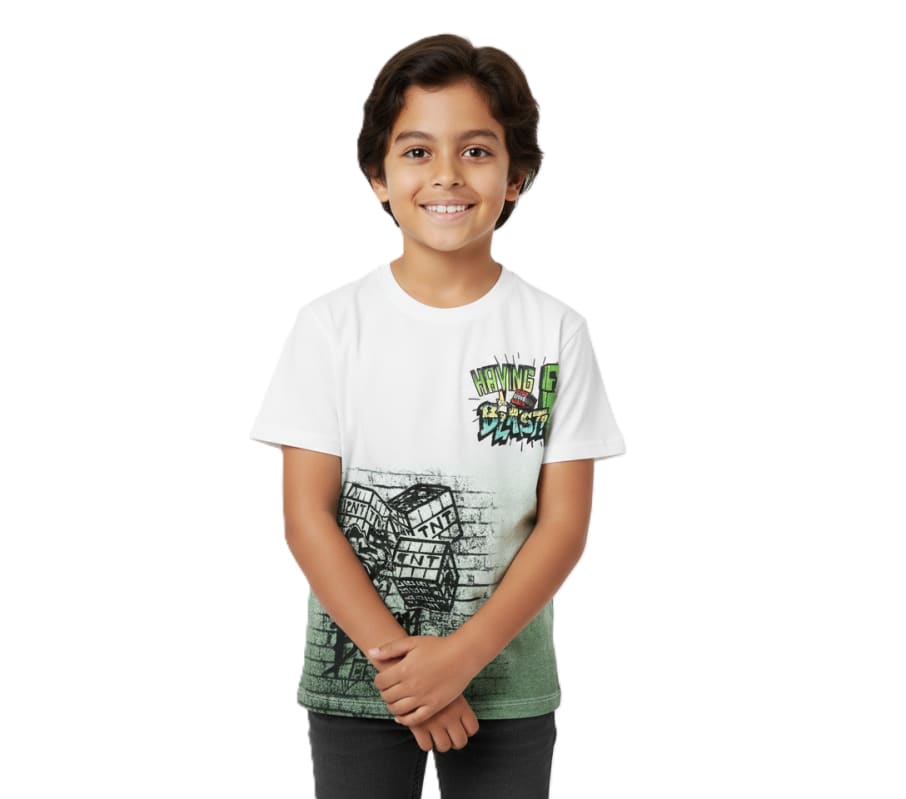 POLO MODA MANGA CORTA NIÑO MINECRAFT BLANCO ALGODÓN
