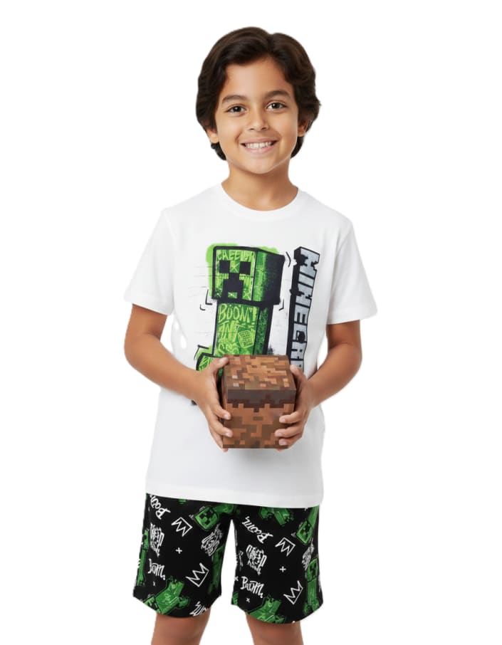 PIJAMA POLO MANGA CORTA Y SHORT NIÑO MINECRAFT BLANCO ALGODÓN