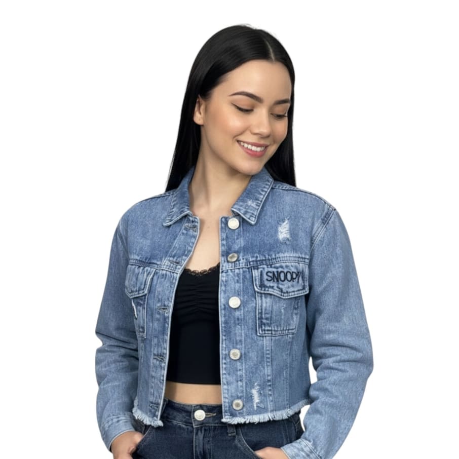 CASACA CROP DENIM MUJER SNOOPY CELESTE DENIM