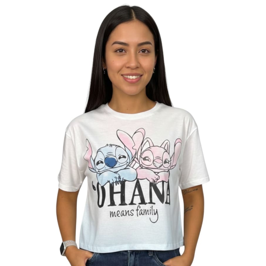 POLO CROP MC DAMA LILO Y STITCH BLANCO