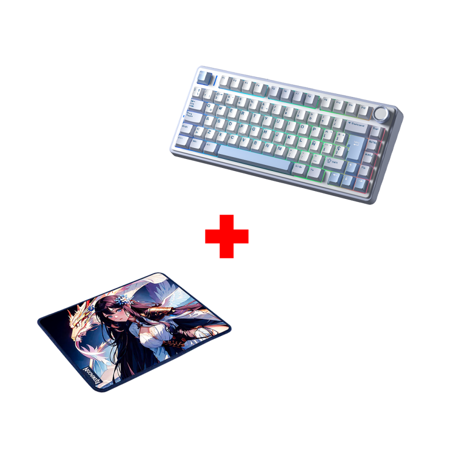 Teclado Aula F75 RGB Inalambrico Español WHITE/CYAN - REAPER SWITCH + P046 Mouse Pad Redragon AK1 S