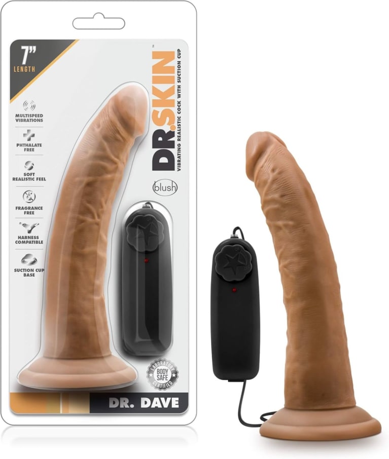 Dr. Skin - Dr. Dave - 7 Inch Vibrating Cock with Suction Cup - Mocha 