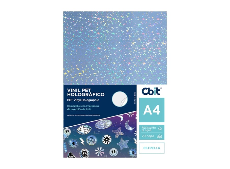 PAQ. 20H. VINIL ADHESIVO PET HOLOGRAFICO A4 ESTRELLAS