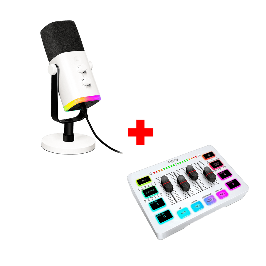 Micrófono Fifine AM8 WHITE Dinámico + Mixer Fifine SC3 WHITE