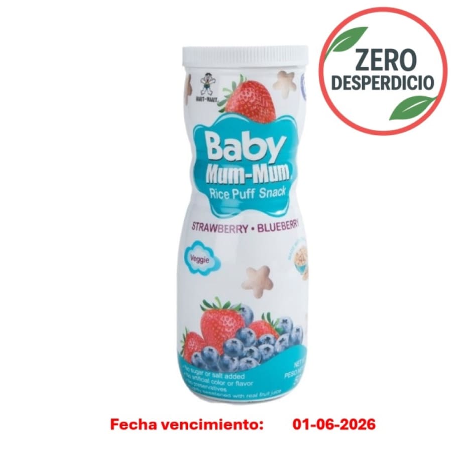 ZERO DESPERDICIO - Puff de arroz sabor frutilla y arandano 50 gramos Marca Baby Mum-Mum