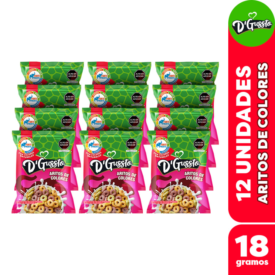 Cereal D GUSSTO Aritos de Colores 18gr Pack 12 Unidades