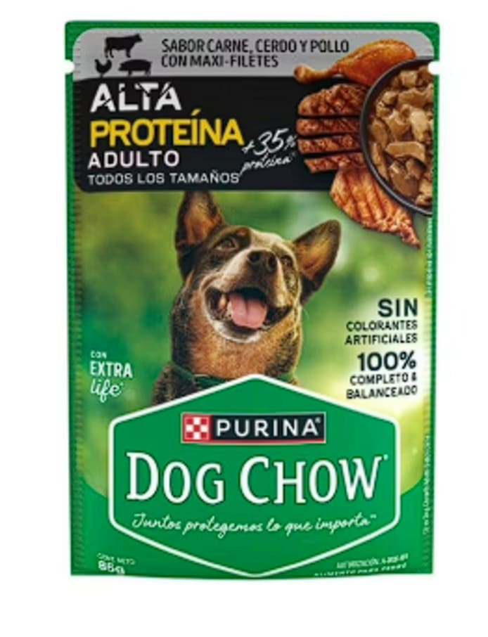 Alimento Dog Chow Adulto Alta Proteina Carne Cerdo Y Pollo 85 Gr Pouch  A