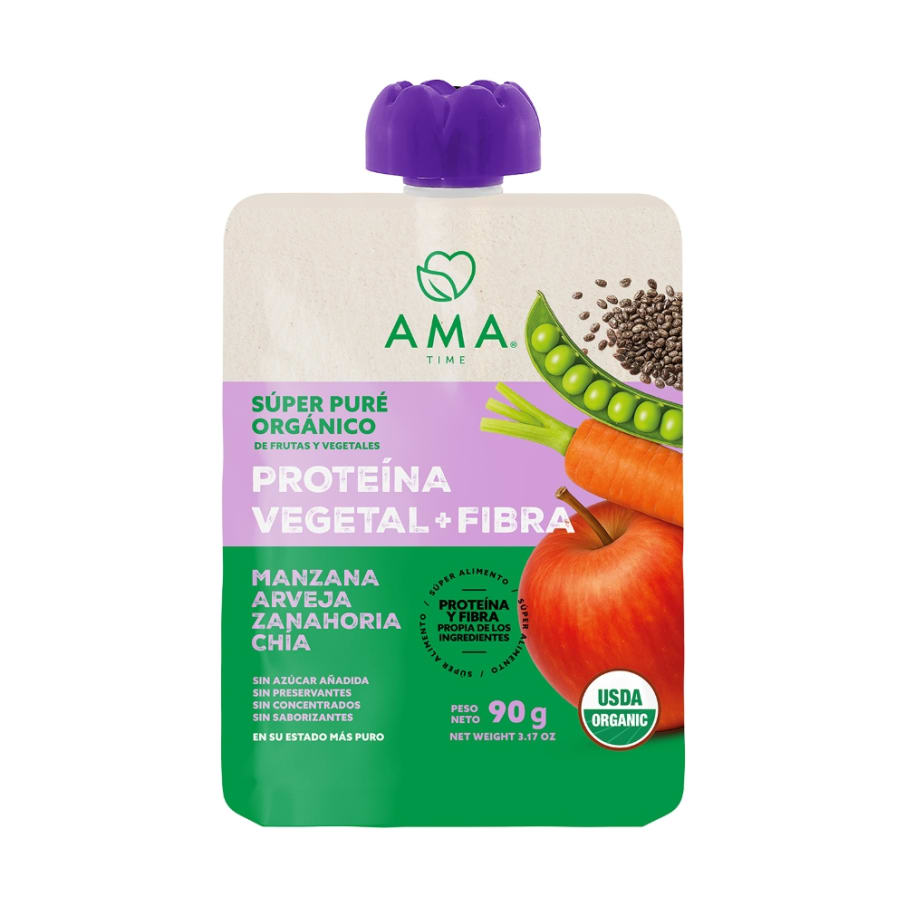 Super Puré Proteína Vegetal + Fibra (Manzana Arveja Zanahoria Chía Orgánico) 90 gr Marca Ama