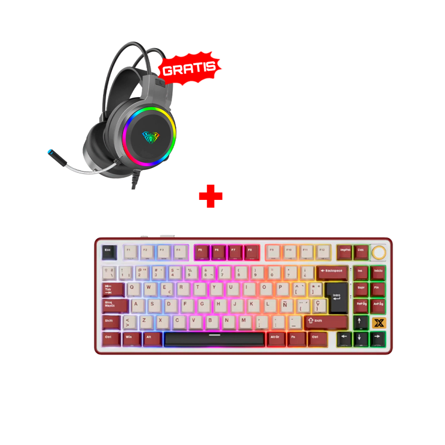 Teclado Royal Kludge RK X87 Cableado RED - CREAMY SWITCH + Auricular Aula S608 Cableado BLACK