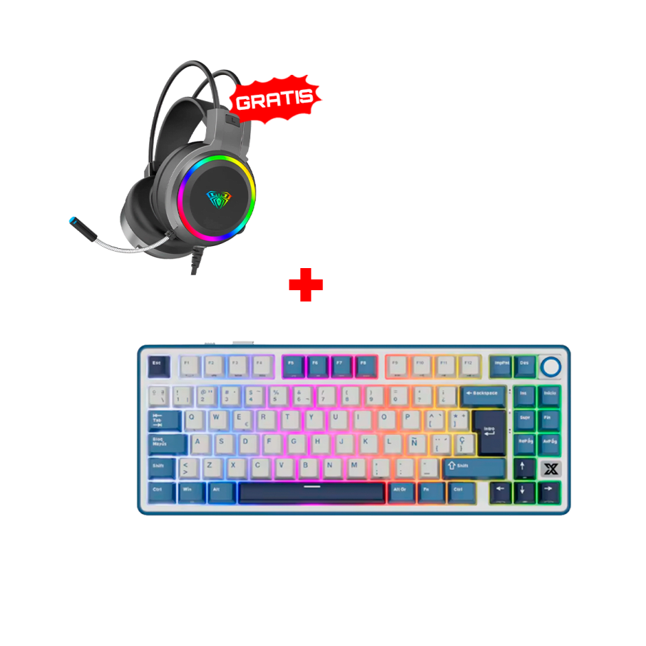 Teclado Royal Kludge RK X87 Inalámbrico BLUE - CREAMY  SWITCH + Auricular Aula S608 Cableado BLACK