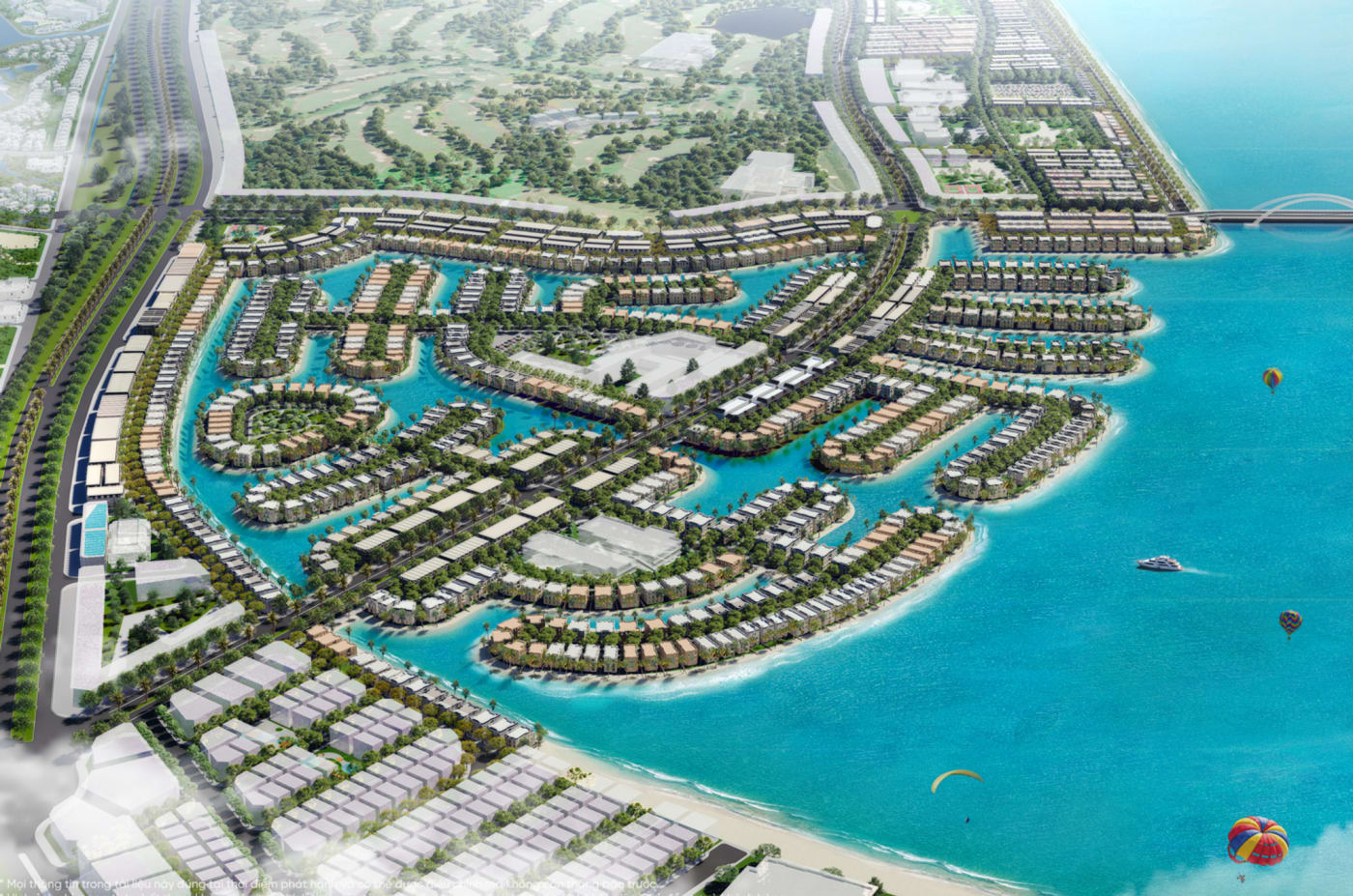 Phối cảnh tổng thể Vinhomes Green Paradise nhìn từ trên cao — hệ thống đảo biệt thự ven vịnh, sân golf và tuyến cầu kết nối Cần Giờ với đất liền.
