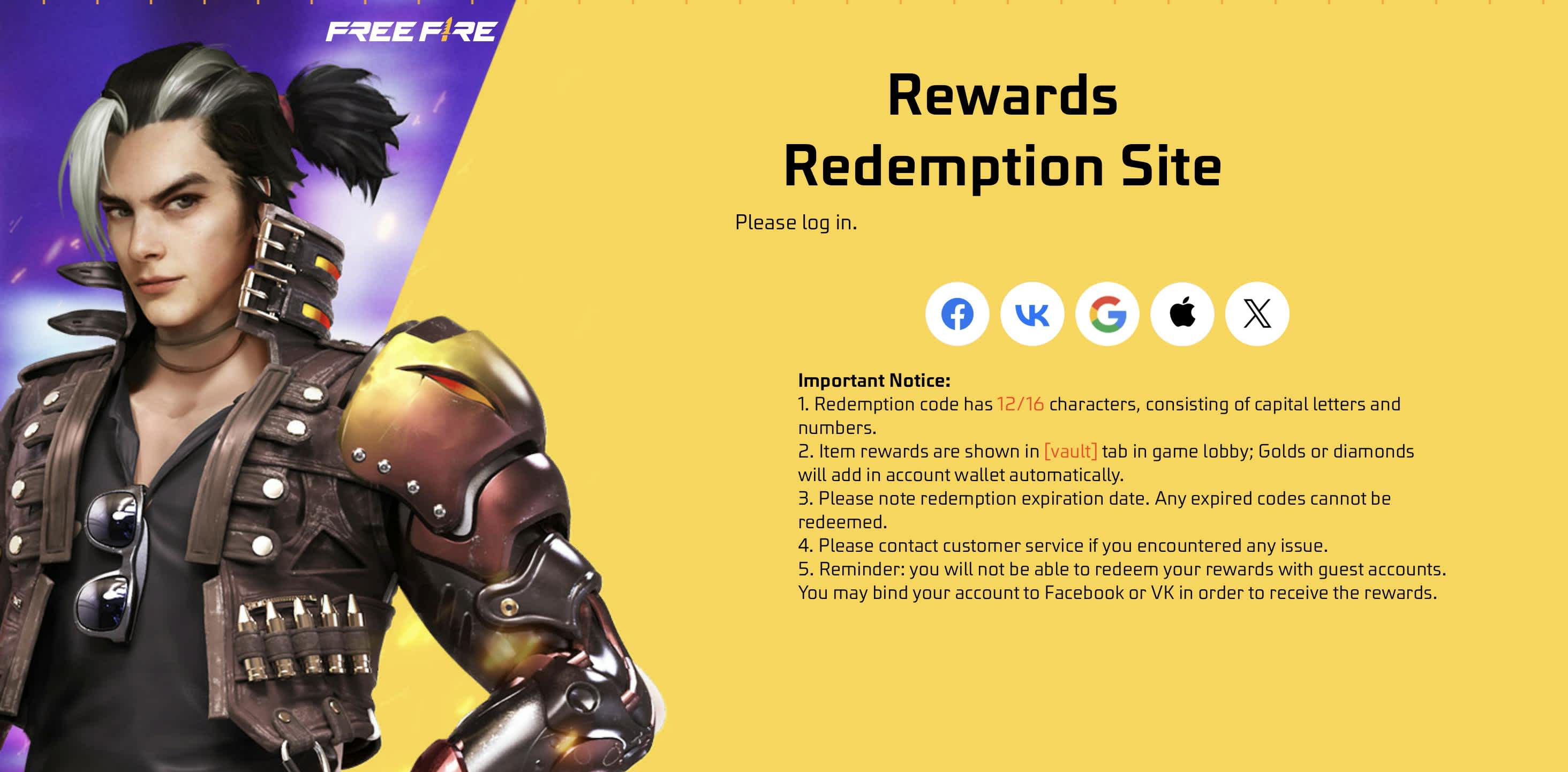 Free fire codes redemption site