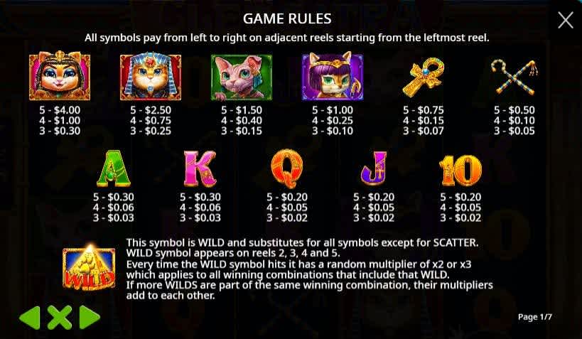 Cleocatra slots paytable