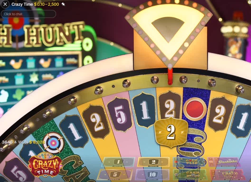 The Crazy Time wheel landing on number 2.