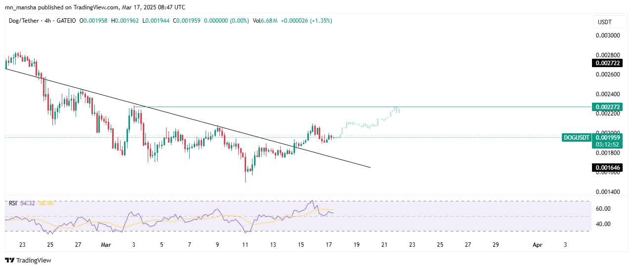 Line chart showing the current price of DOGE. 