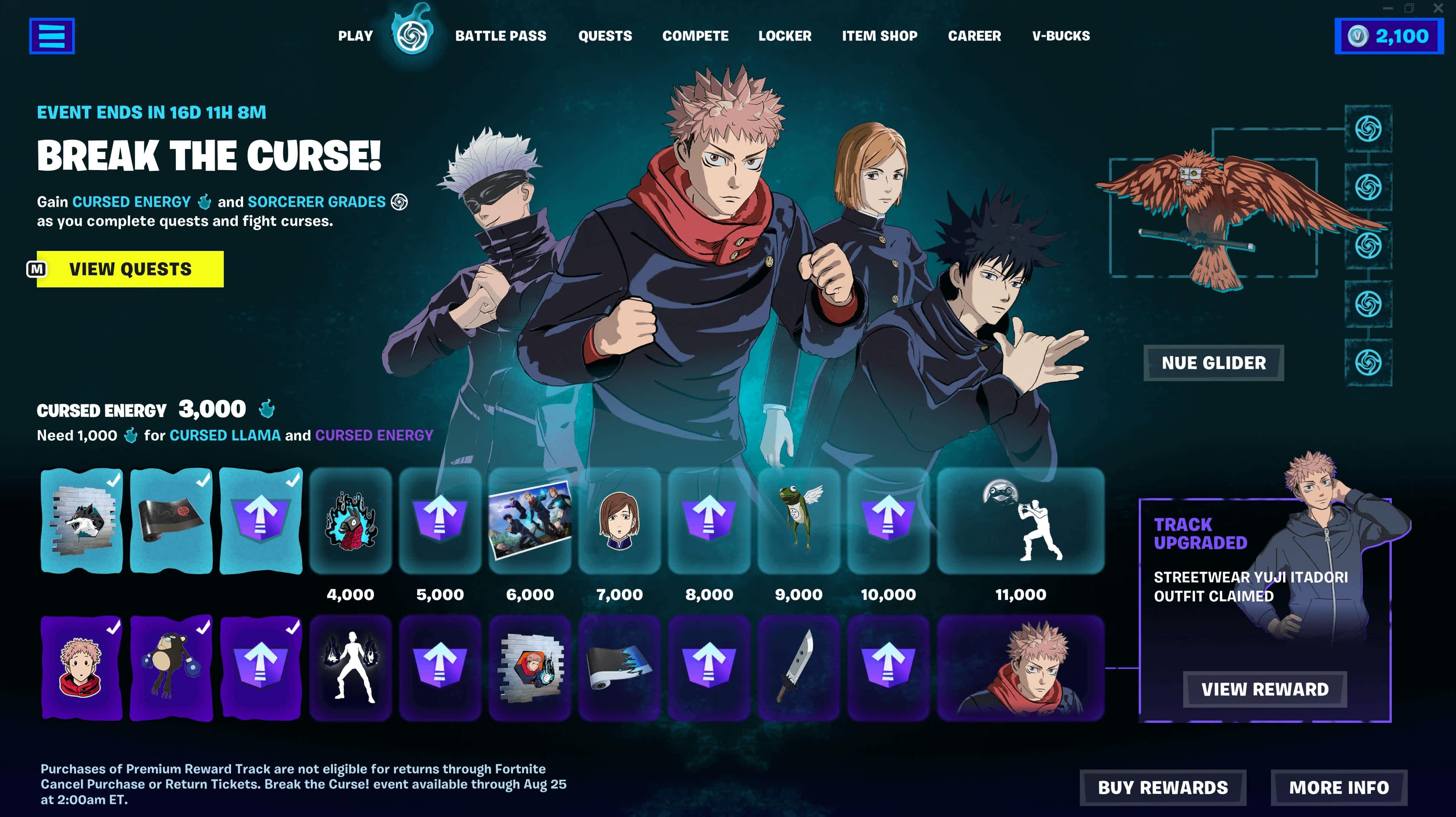 The Break the Curse event pass to unlock the JJK Fortnite skins in 2023.