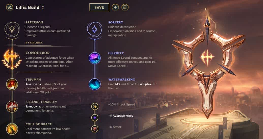 Lillia League of Legends: Conqueror rune page