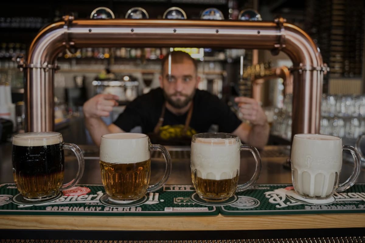Barman Riverside za rzędem kufli Pilsnera Urquella pod miedzianą instalacją tanka