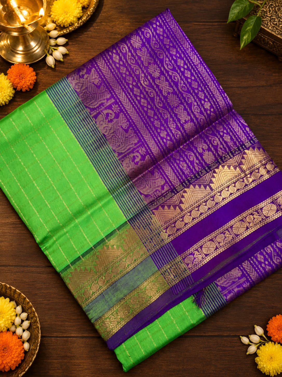 Parrot green with Purple Pure Silk Cotton Handloom saree