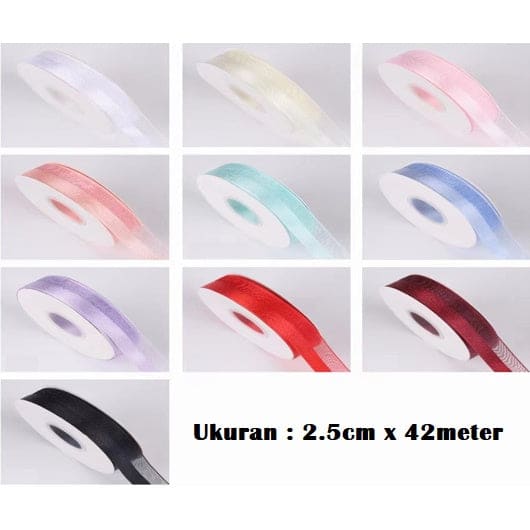 PTA7 EQUAL Pita Satin Roll Motif Setangan Satin dan Transparan Modern Pita Kado 2.5cm/Pita Dekorasi Buket