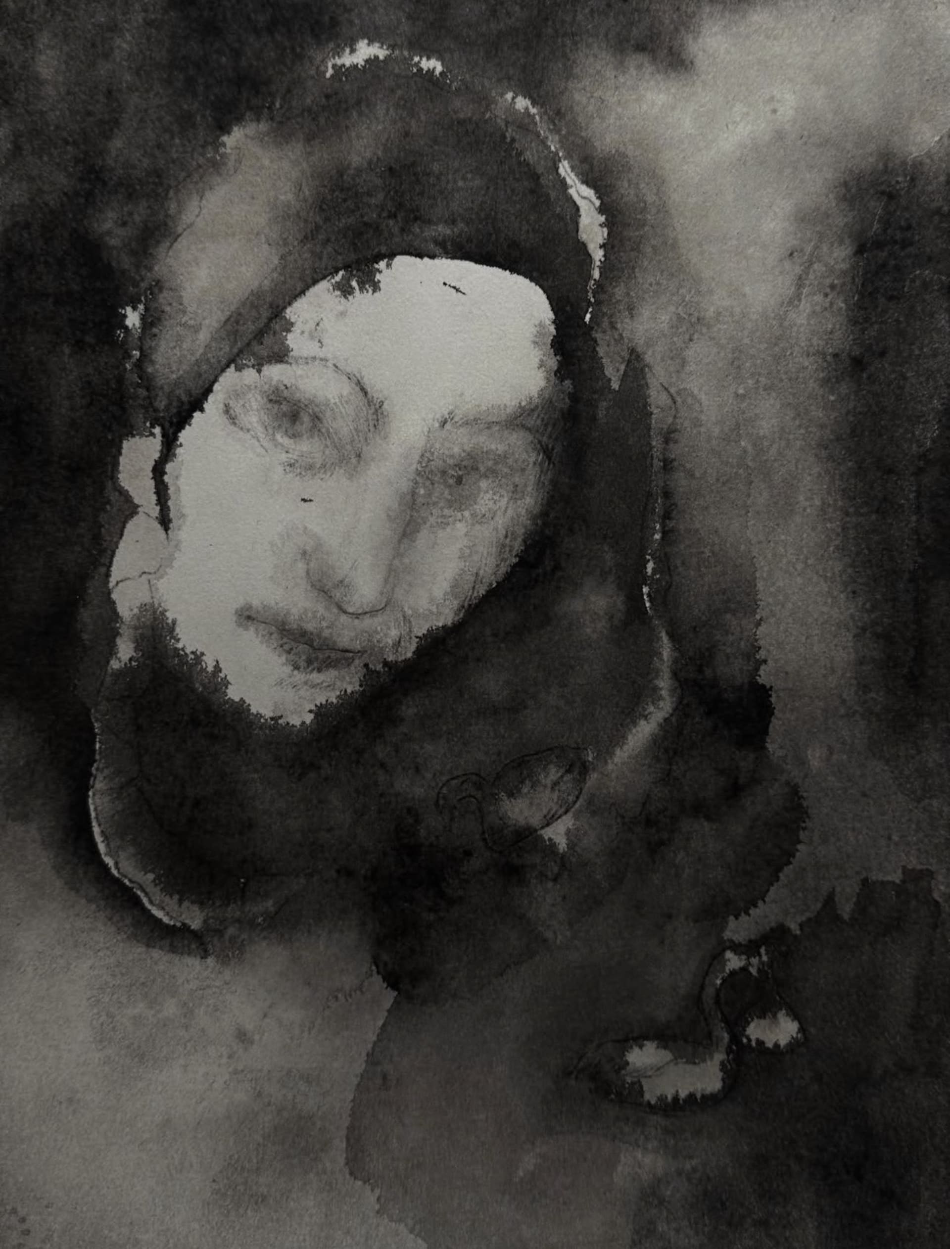 Face Over the Lighter — ink drawing by Vera Nulla
