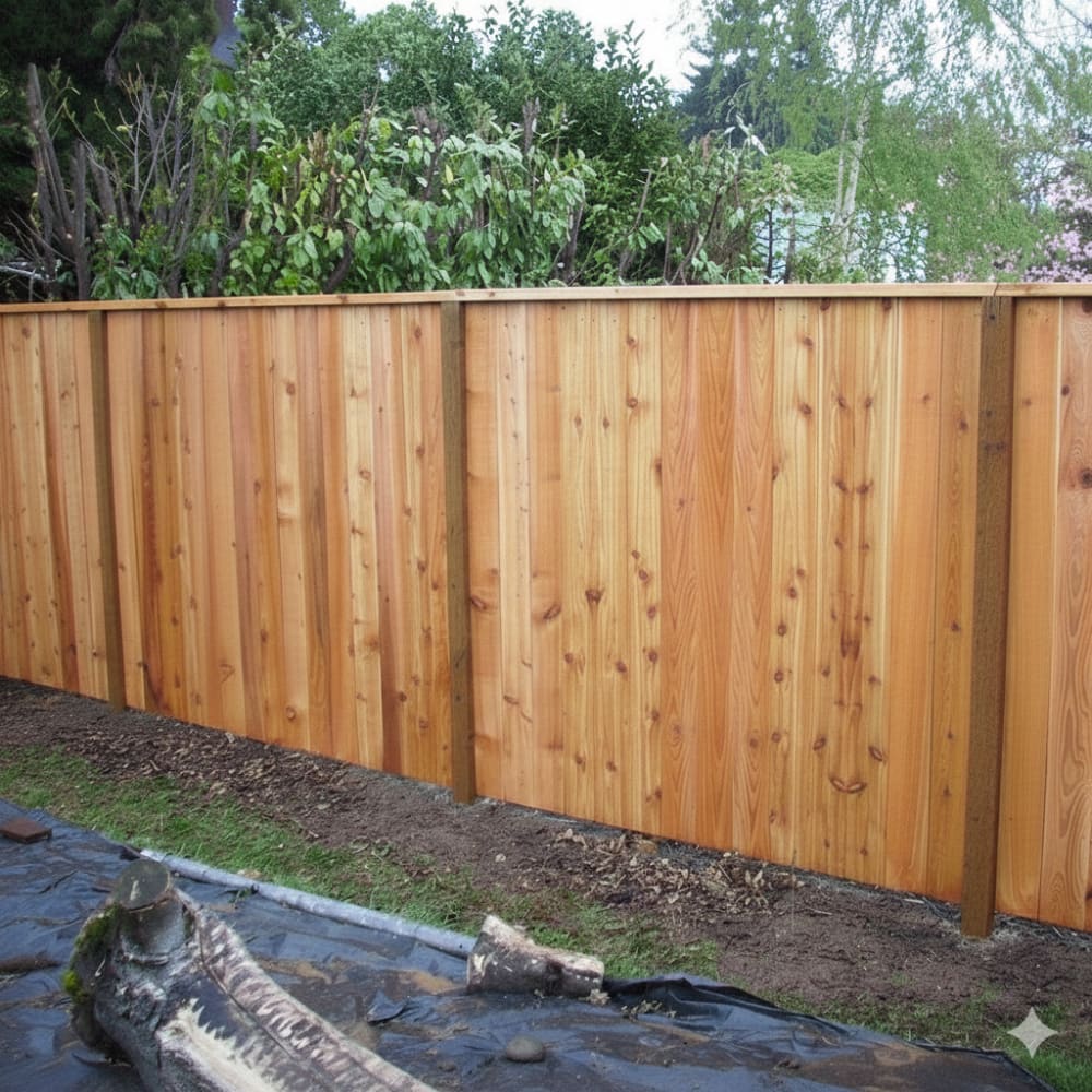 Rough redwood privacy fence with horizontal top rail