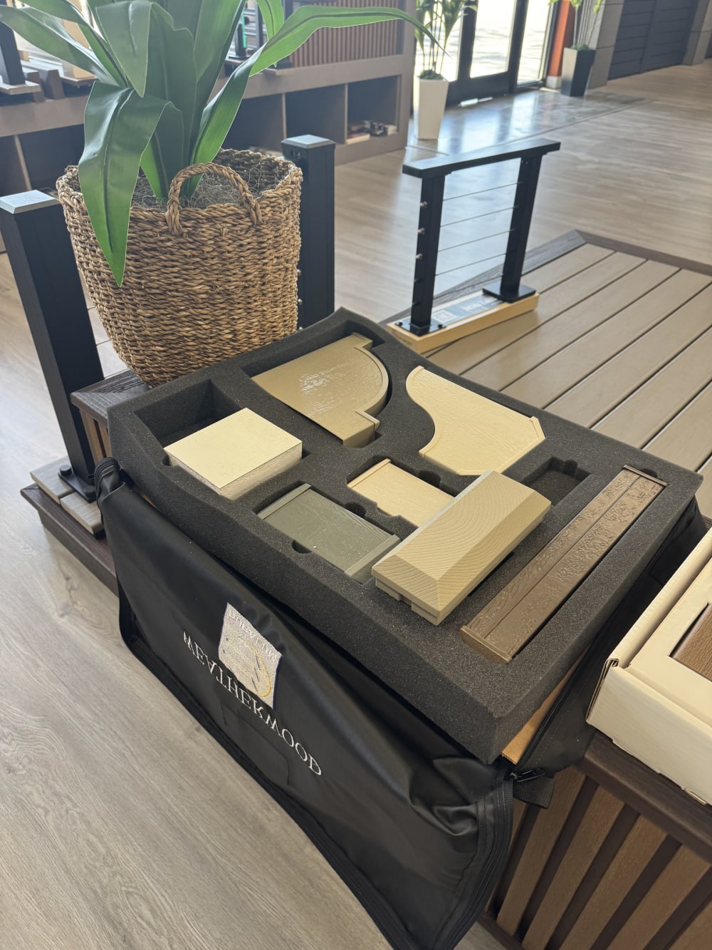 Alumawood patio cover component sample kit on the showroom floor