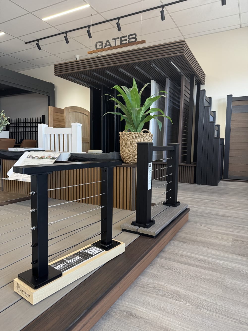 Cable railing display with tensioned stainless infill on the showroom floor