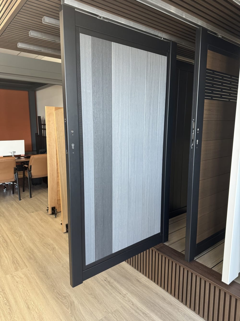 Composite gate panel on display at the LA Fence Craft Rosemead showroom