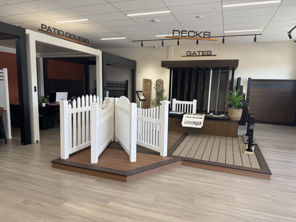 Rosemead showroom floor with Patio Covers, Decks and Gates sections signposted