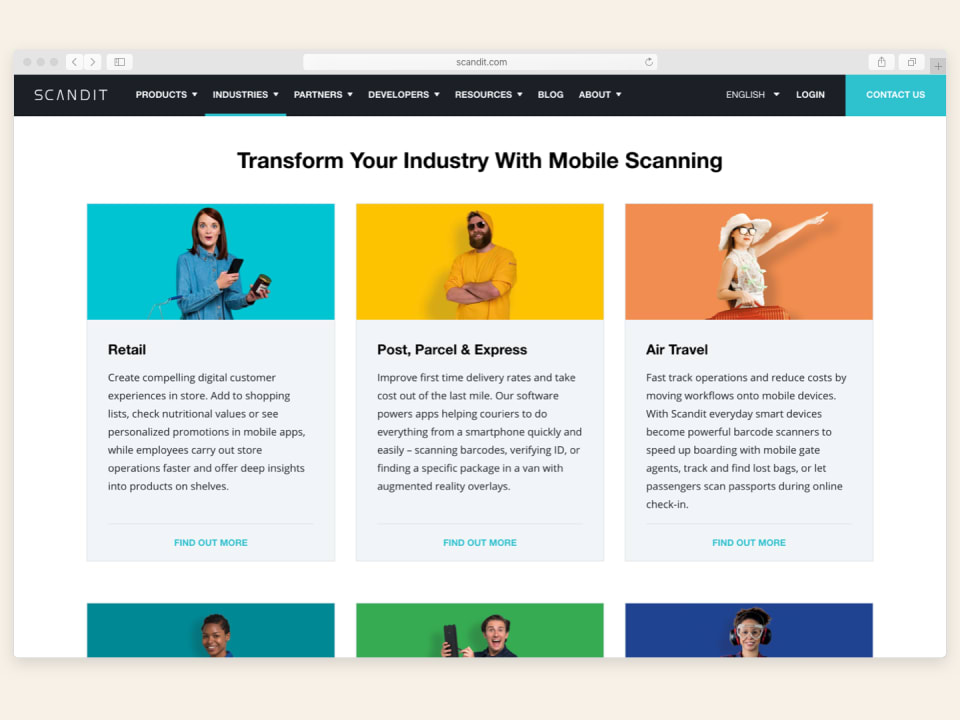 Scandit website - industries