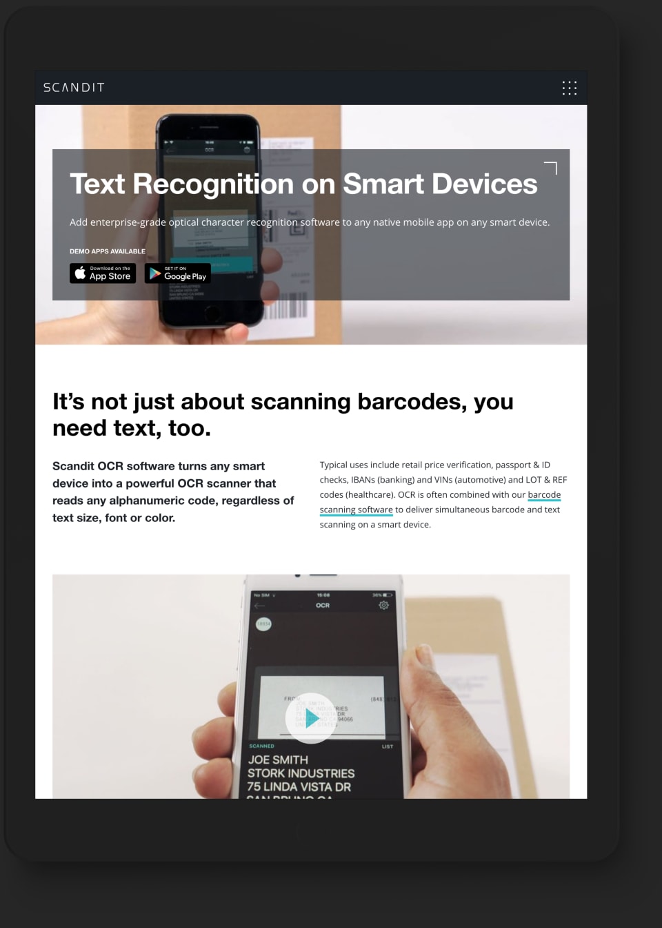 Scandit website on tablet