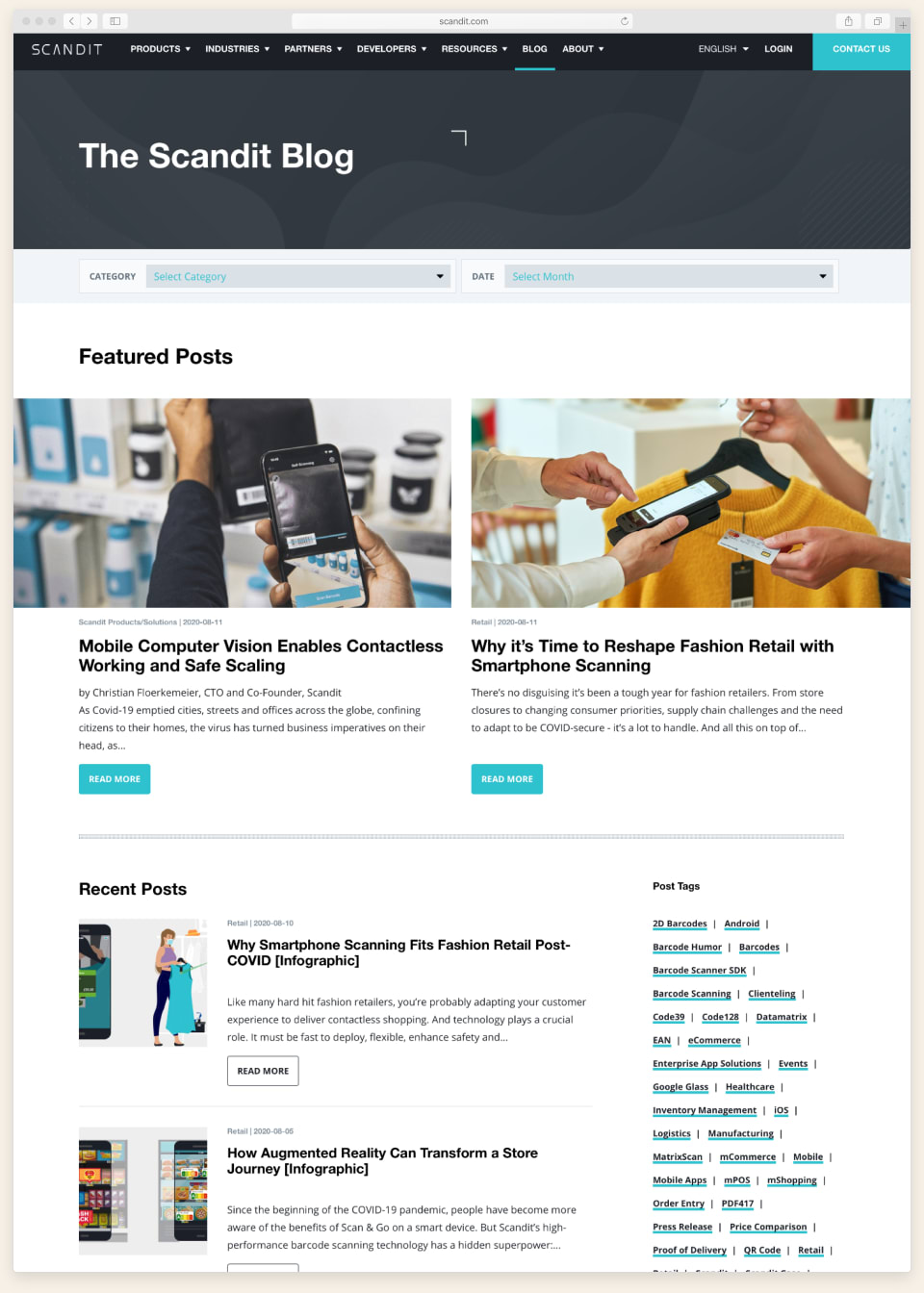 Scandit website - blog listing