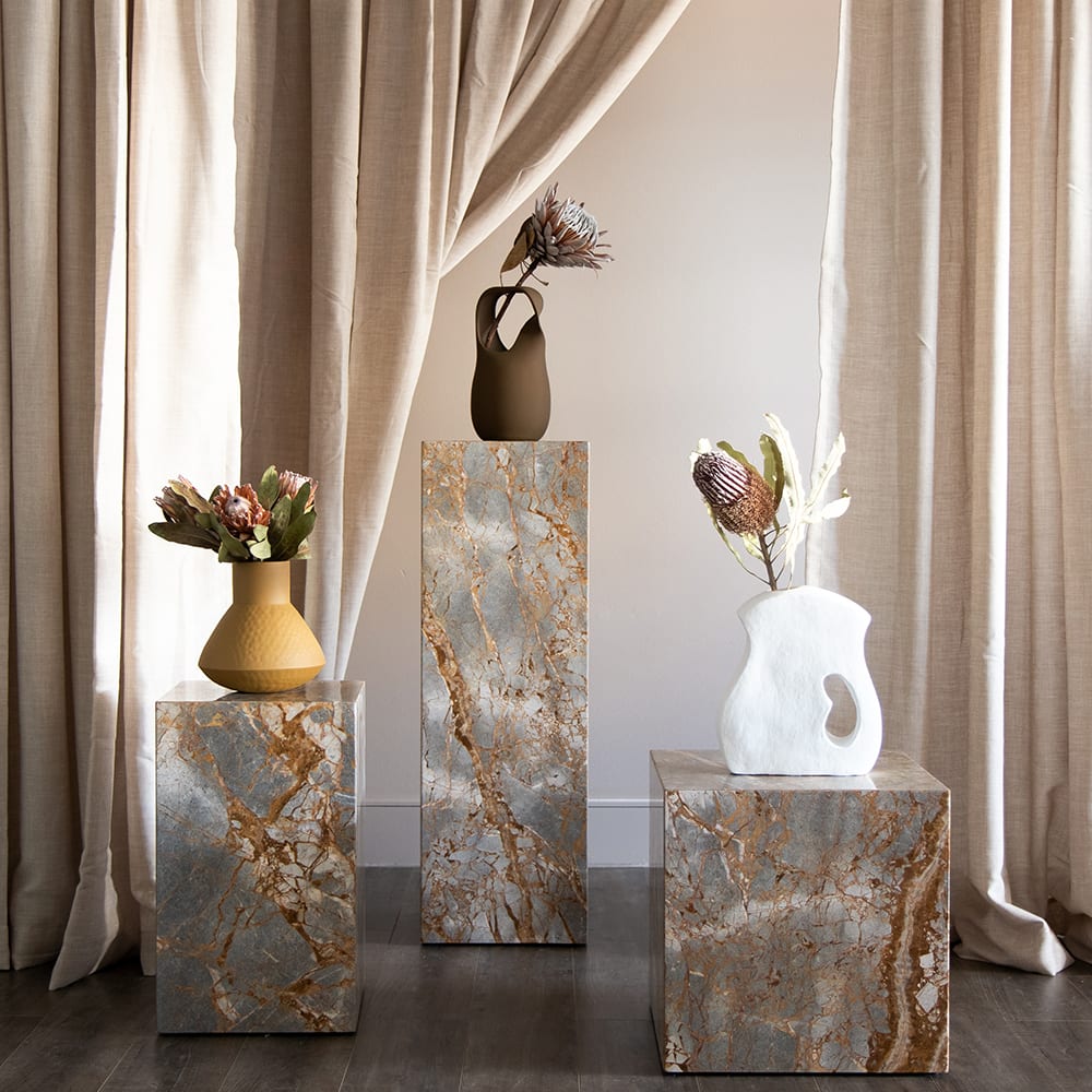 Stage Marble Plinth - Earth Marble - Styled Image by RJ Living