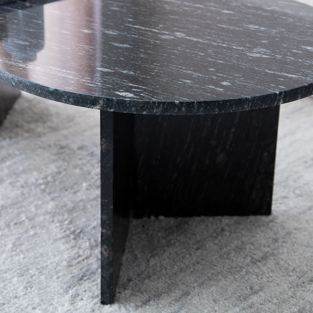 Edge Oval Coffee Table - Black Forest Granite - Styled Image by RJ Living