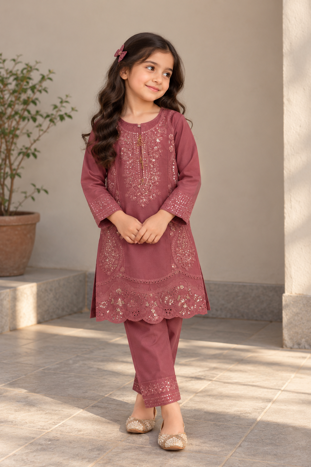 Dusty Rose Embroidered Kids Kurta Set