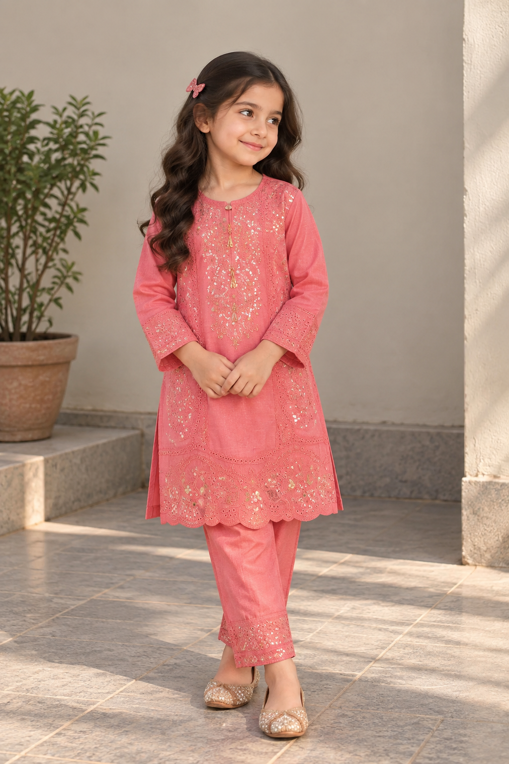 Coral Pink Embroidered Kids Kurta Set