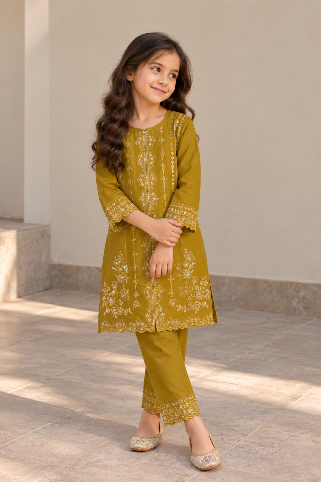 Olive Gold Embroidered Kids Kurta Set