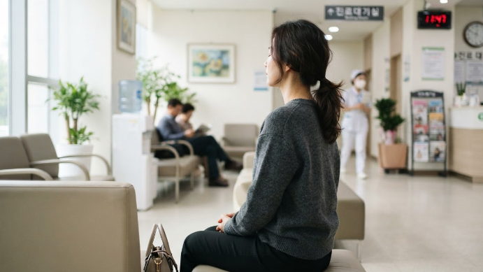 대기실에서 심호흡하면서 치과 진료를 기다리는 모습