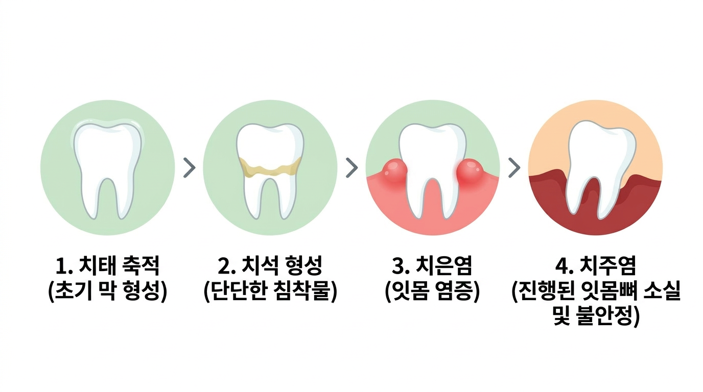 치태가 치석이 되고 치은염에서 치주염으로 진행하는 단계를 화살표로 이은 흐름도