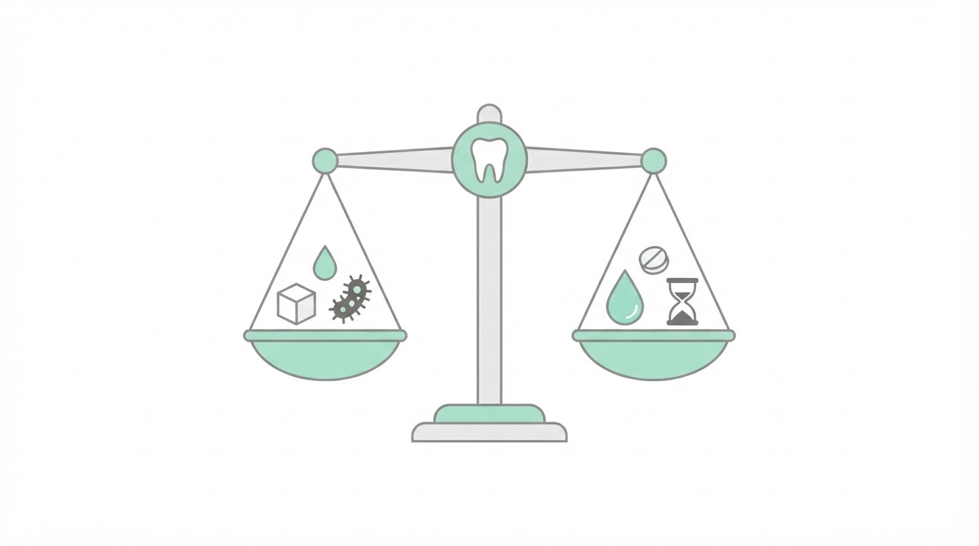 산·당분·세균이 올라간 접시와 침·불소·시간이 올라간 접시가 균형을 이루는 저울