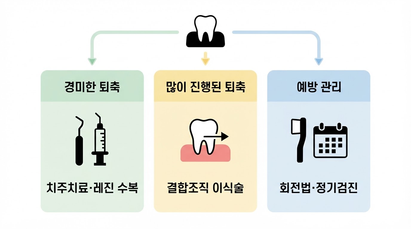 경미한 퇴축·많이 진행된 퇴축·예방 관리 세 갈래가 치주치료와 레진 수복·결합조직 이식술·회전법과 정기검진으로 이어지는 분기도