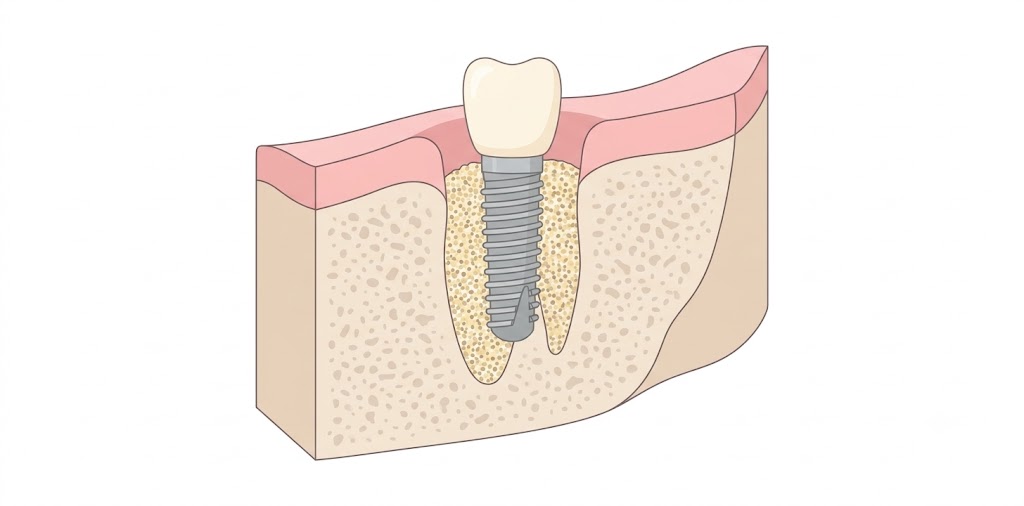 안산 임플란트 잘하는 치과를 찾는 분을 위해 그린, 발치와 안에 심긴 임플란트와 뼈 사이 빈틈에 이식재가 채워진 단면