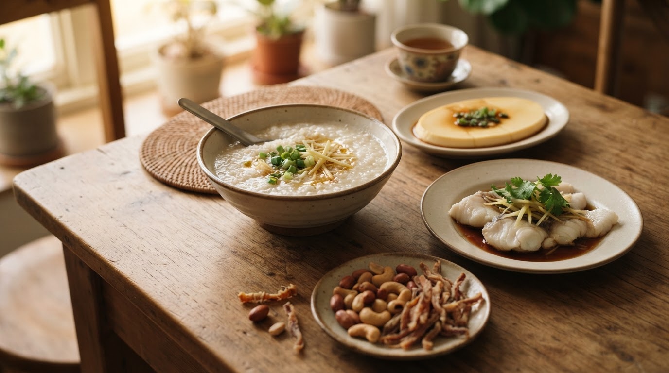 식탁 위 부드러운 죽과 생선, 계란 요리가 담긴 그릇과 그 옆에 밀어 둔 견과류 접시 (설명용 이미지)