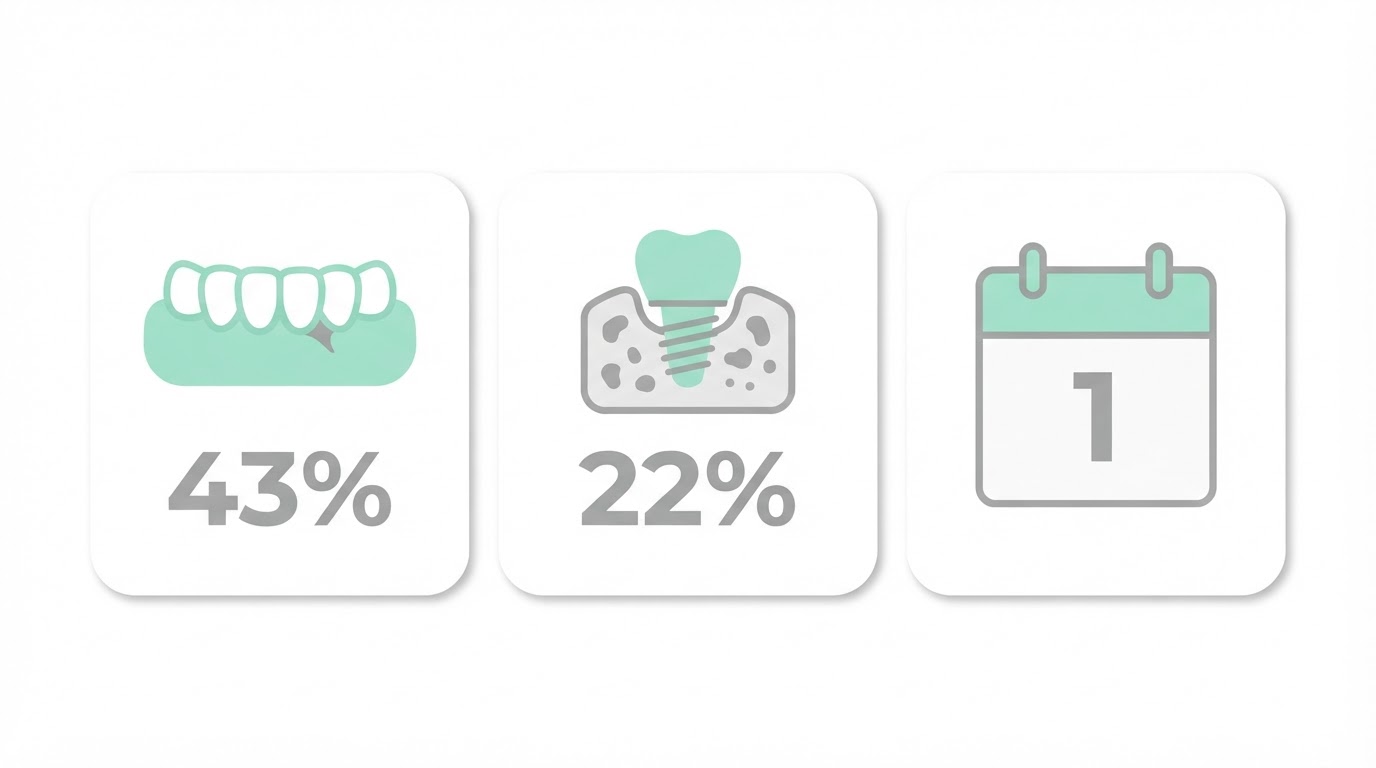 임플란트 주위 점막염 43%, 주위염 22%, 재실패는 대부분 첫 1년 안이라는 논문 수치 세 개를 정리한 카드